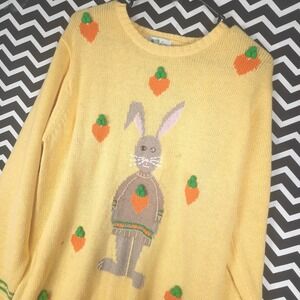 Quacker Factory Womens Yellow Easter Bunny Carrot Knit Sweater Funny size M